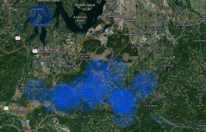Every blue circle on the map represents one or more beehives of one of our clients and has a radius of 3 miles. This is a typical area that bees cover while foraging and therefore pollinating. The map reflects the status of 2015.